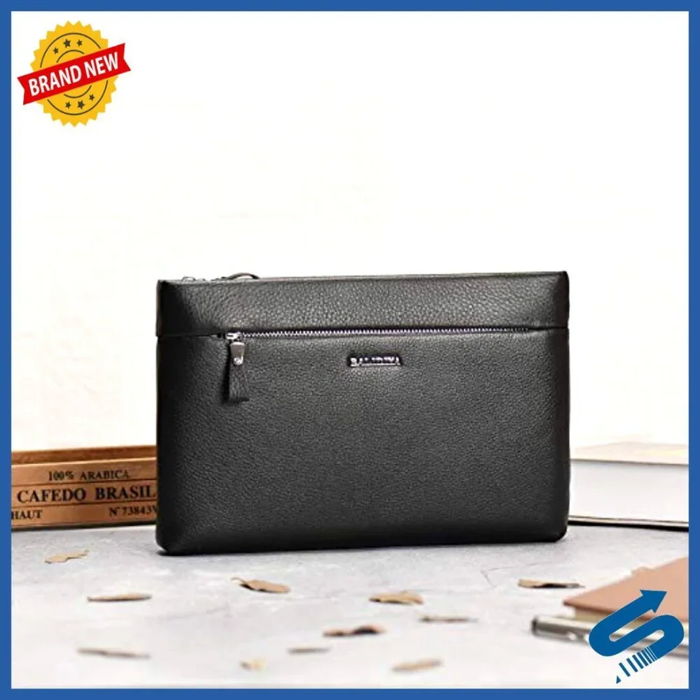 Genuine Leather Men's Clutch Bag with Wrist Strap Large Capacity Business Purse